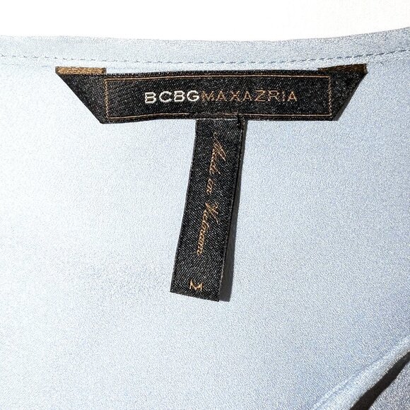 BCBGMAZAZRIA | Satin Blue Long Sleeve Ruffle Shoulder Keyhole Blouse | Medium - Picture 5 of 12